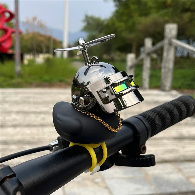 Car Ornaments Bicycle Horns Squeeze Black Duck with Straps Helmet, Silicone Elasticity Belt Bike Bell for Kids Sport Outdoor