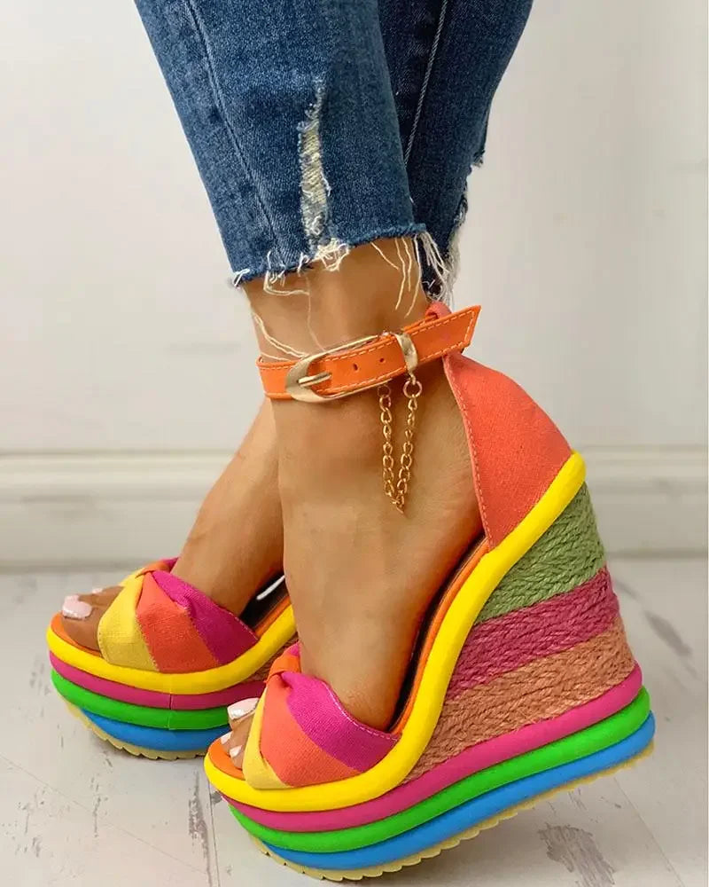 Sandals Women Women's Muffin Wedges High Multicolor Patchwork Sandals Colorful  Roman Shoes Sandals High Heels Espadrilles