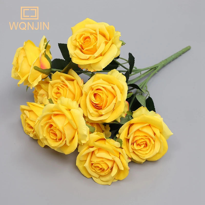 WQNJIN Red Yellow Simulation Rose Bouquet Wedding Flowers 10 Heads Fake Roses Artificial Flower Silk Flowers Home Decoration