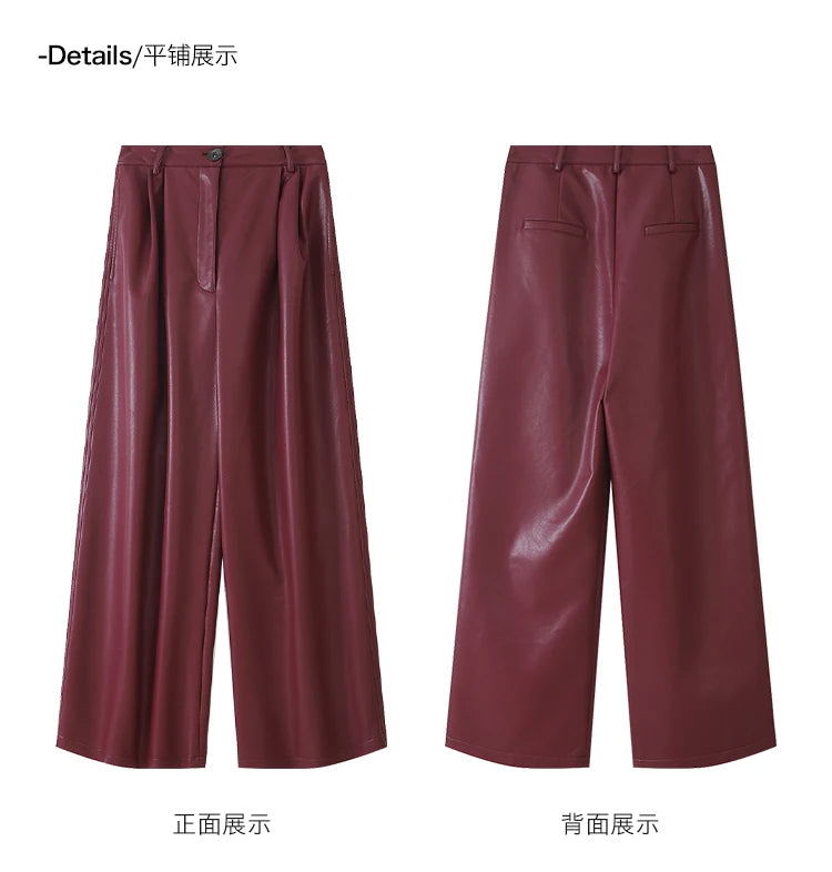 Lautaro Spring Autumn Loose Casual Soft Black Burgundy Pu Leather Wide Leg Pants for Women High Waist Korean Style Fashion 2023