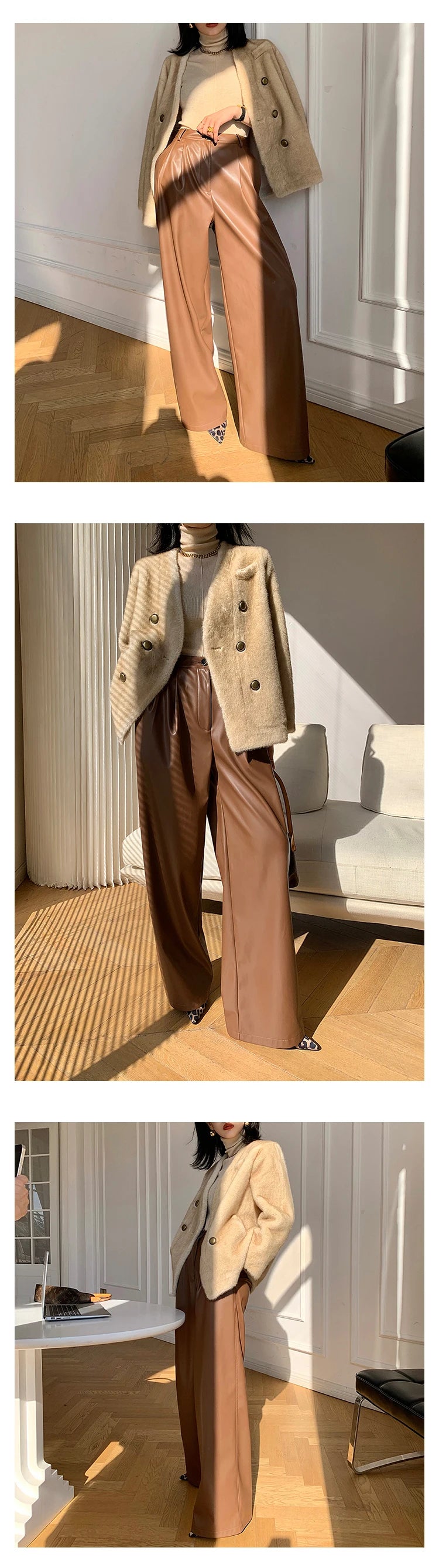 Lautaro Spring Autumn Loose Casual Soft Black Burgundy Pu Leather Wide Leg Pants for Women High Waist Korean Style Fashion 2023