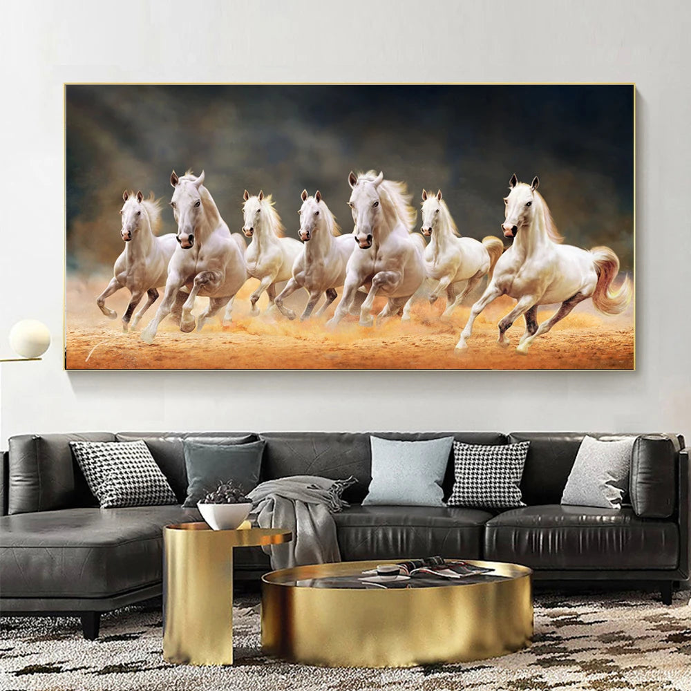 7 White Running Horses Canvas Painting  Animal Posters and Prints Wall Art Picture