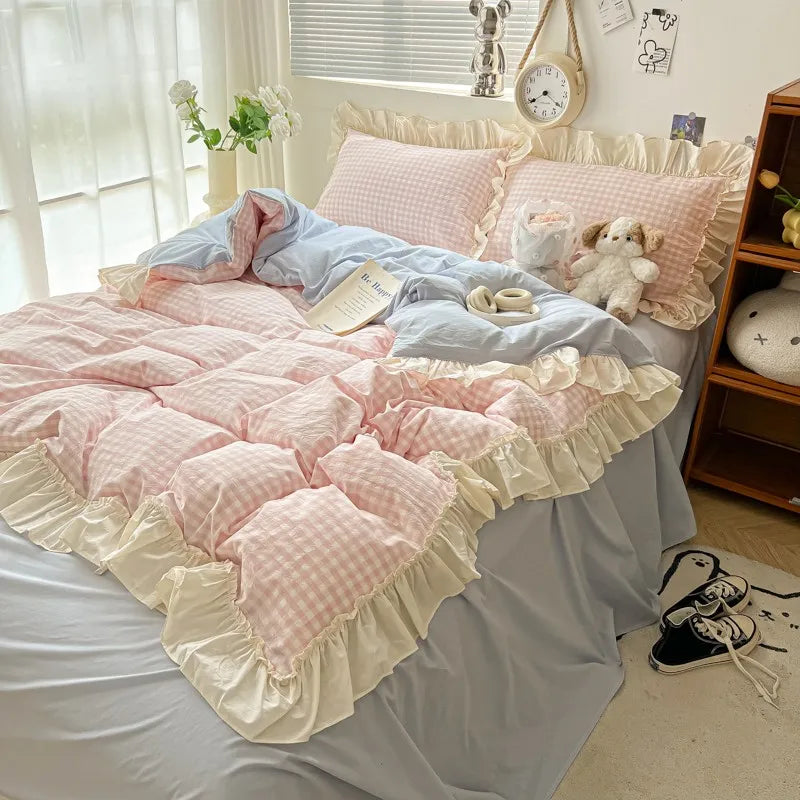 Ruffled Pink Blue Duvet Cover Set Twin Queen Washed Microfiber Ultra Soft Bedding set Grid Duvet Cover Bed Sheet 2 Pillowcases