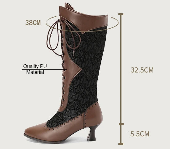 Retro Women Mid-calf Boots Victorian Black Brown Leather High Kitten Heel Party Wedding Lady Pointed Toe Lace Cosplay Half Boots