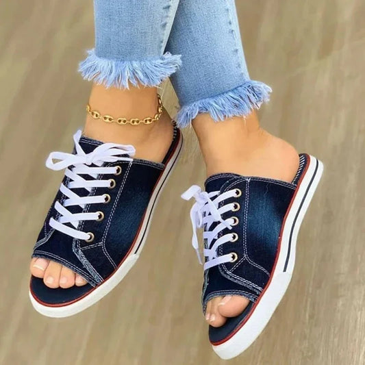 Ladies Slippers Canvas  Lace-up  Open-toed New Flat-Bottom  Casual Women Fashion Denim Beach Shoes 35-43