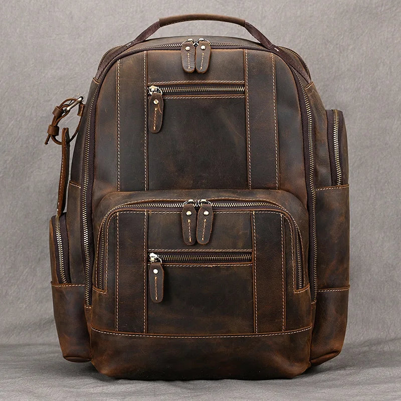 Vintage Men's Crazy Horse Leather Backpack genuine leather Retro Rucksack Large Classic Travel Backpack Big laptop computer bag