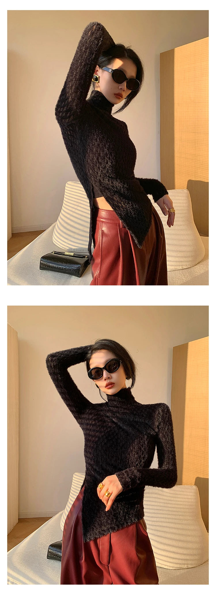 Lautaro Spring Autumn Loose Casual Soft Black Burgundy Pu Leather Wide Leg Pants for Women High Waist Korean Style Fashion 2023