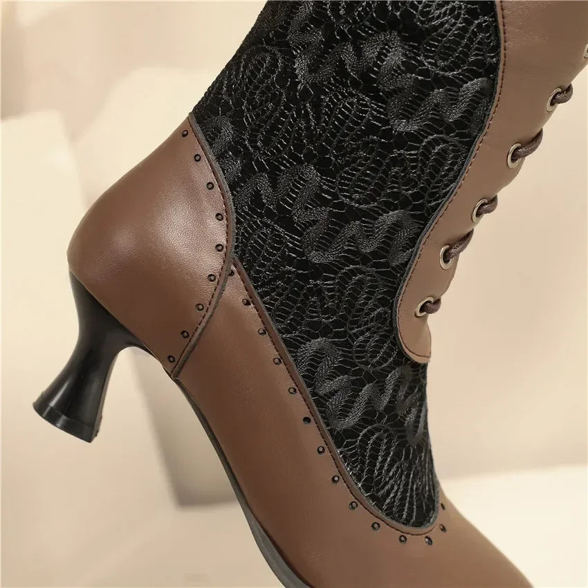 Retro Women Mid-calf Boots Victorian Black Brown Leather High Kitten Heel Party Wedding Lady Pointed Toe Lace Cosplay Half Boots