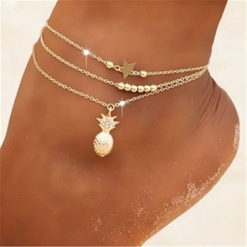 Leaf Anklets Women Double Foot Chain Ankle Bracelets Bohemian Gold Color Leaves Anklet Jewelry For Foot Summer Beach Gifts