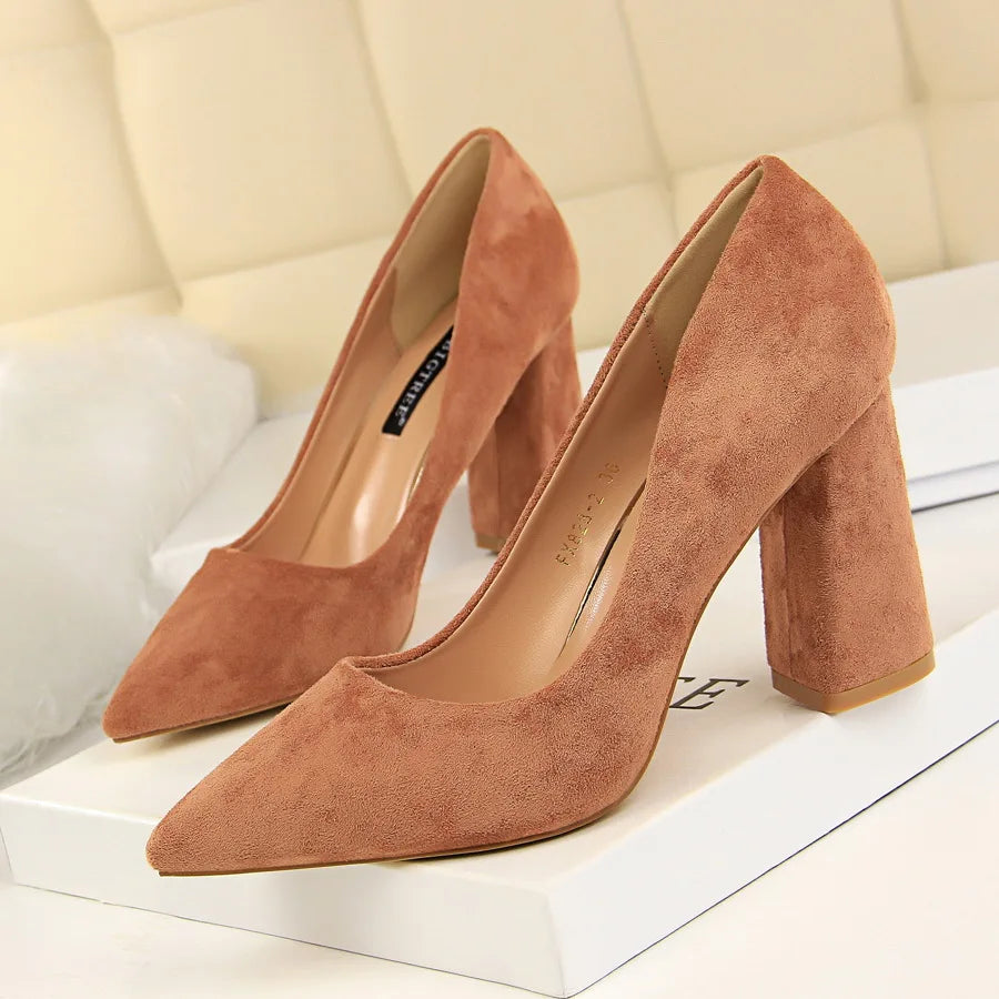 Women 8.5cm High Heels Elegant Pumps Lady Wedding Block Heels Scarpins Flock Suede Red Brown Nightclub Event Party Office Shoes