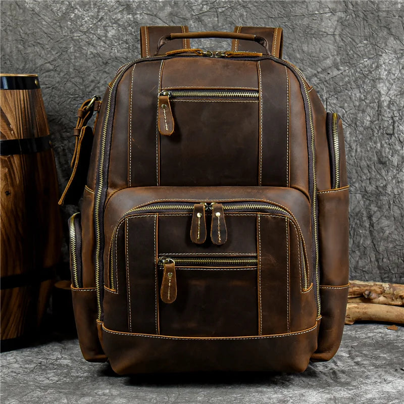 Vintage Men's Crazy Horse Leather Backpack genuine leather Retro Rucksack Large Classic Travel Backpack Big laptop computer bag