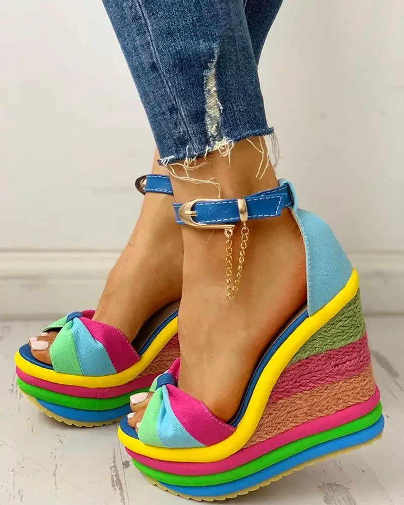 Sandals Women Women's Muffin Wedges High Multicolor Patchwork Sandals Colorful  Roman Shoes Sandals High Heels Espadrilles