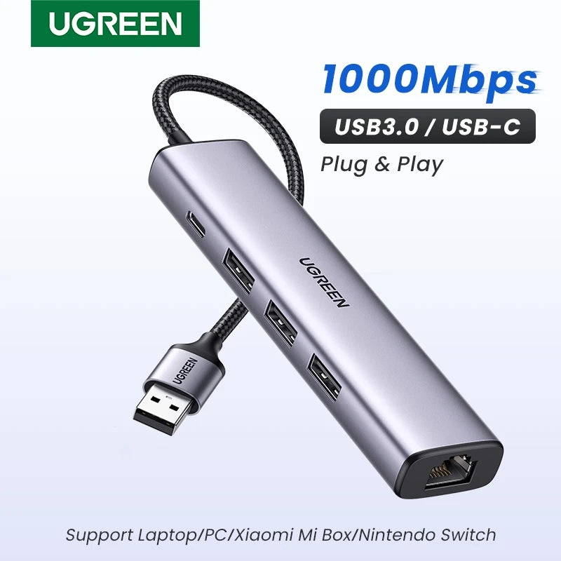 UGREEN USB Ethernet Adapter 1000/100Mbps USB3.0 HUB RJ45 Lan for Laptop PC Xiaomi Mi Box Macbook Windows USB-C HUB Network Card