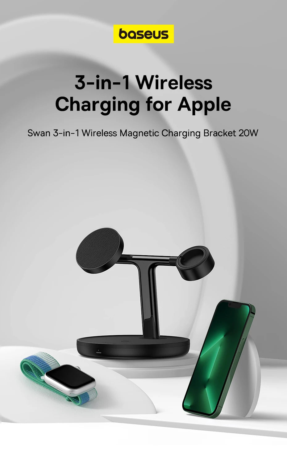 Baseus  3 in 1 20W Magnetic Wireless Charger Stand For Phone iPhone 15 14 Pro Airpods Apple Watch  Fast Charging Station Holder