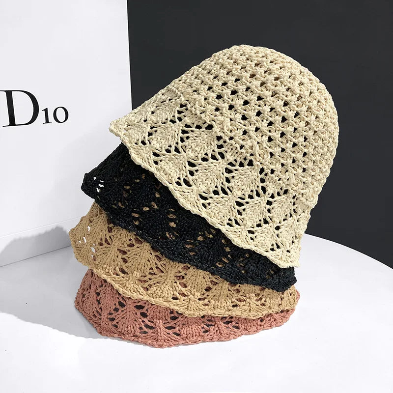 Korean v Niche Bucket Hat Female Summer Hollowed Out Woven Straw Hat Sun Proof Face Covering Fisherman Hat Korean Version Sun Vi