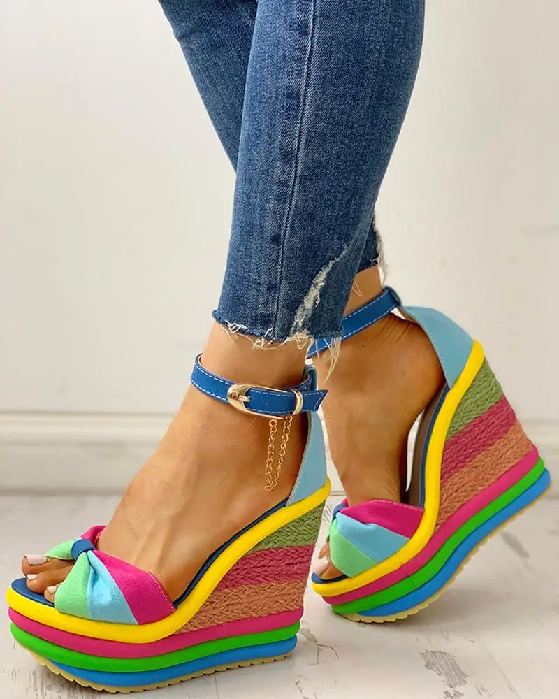 Sandals Women Women's Muffin Wedges High Multicolor Patchwork Sandals Colorful  Roman Shoes Sandals High Heels Espadrilles