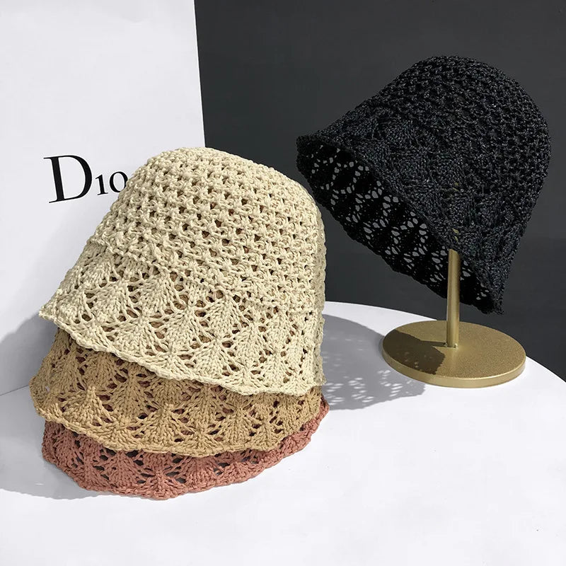 Korean v Niche Bucket Hat Female Summer Hollowed Out Woven Straw Hat Sun Proof Face Covering Fisherman Hat Korean Version Sun Vi