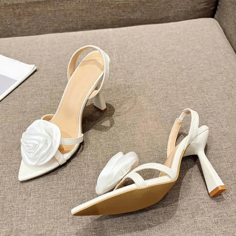 Liyke Fashion Design Green Silk Rose Flowers Women Slippers Sandal Sexy Pointed Open Toe Thin High Heels Summer Party Dress Shoe