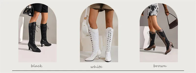 Retro Women Mid-calf Boots Victorian Black Brown Leather High Kitten Heel Party Wedding Lady Pointed Toe Lace Cosplay Half Boots