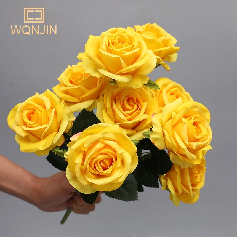 WQNJIN Red Yellow Simulation Rose Bouquet Wedding Flowers 10 Heads Fake Roses Artificial Flower Silk Flowers Home Decoration