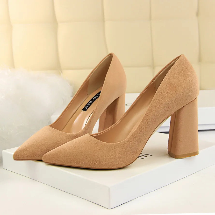 Women 8.5cm High Heels Elegant Pumps Lady Wedding Block Heels Scarpins Flock Suede Red Brown Nightclub Event Party Office Shoes