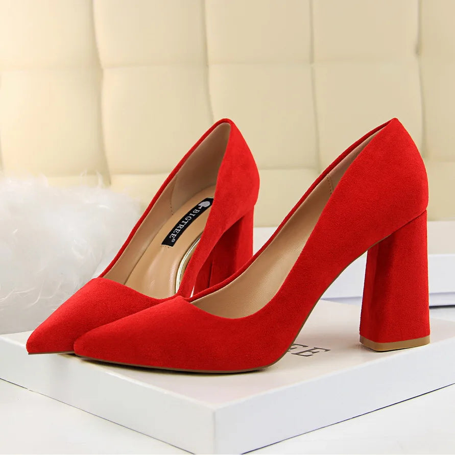 Women 8.5cm High Heels Elegant Pumps Lady Wedding Block Heels Scarpins Flock Suede Red Brown Nightclub Event Party Office Shoes