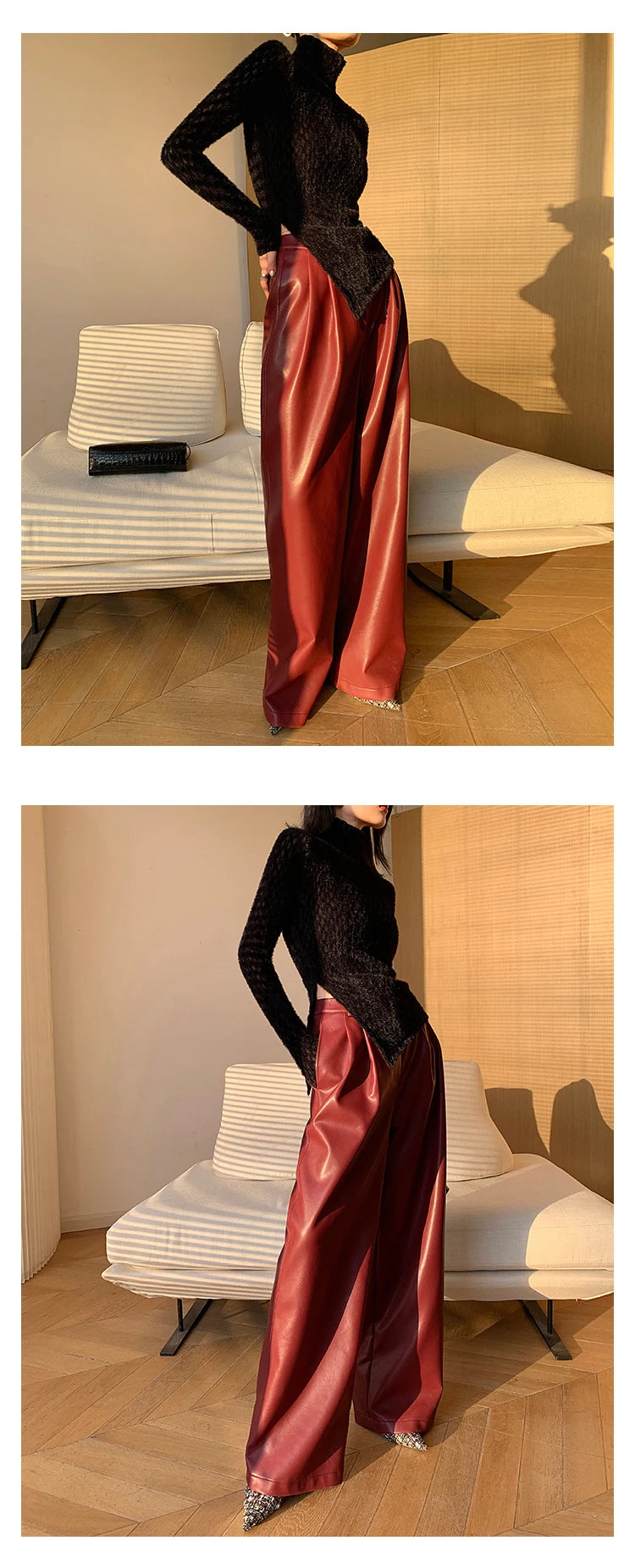 Lautaro Spring Autumn Loose Casual Soft Black Burgundy Pu Leather Wide Leg Pants for Women High Waist Korean Style Fashion 2023