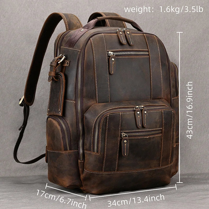 Vintage Men's Crazy Horse Leather Backpack genuine leather Retro Rucksack Large Classic Travel Backpack Big laptop computer bag