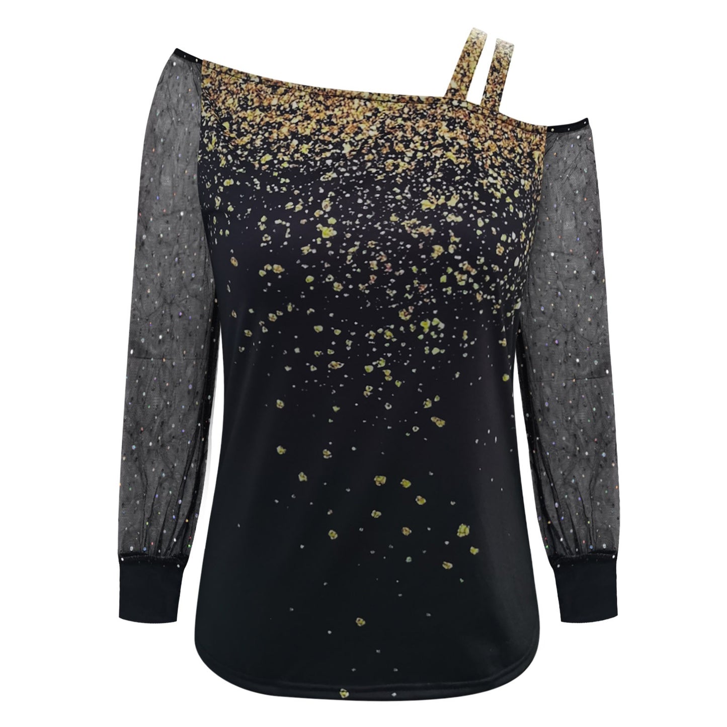 Summer Casual Long Sleeve Women Tops Sequin Print Sexy Mesh Blouse Cold Shoulder Black Shirt Slim Tight Shirts Blusas