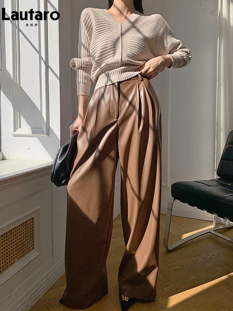 Lautaro Spring Autumn Loose Casual Soft Black Burgundy Pu Leather Wide Leg Pants for Women High Waist Korean Style Fashion 2023