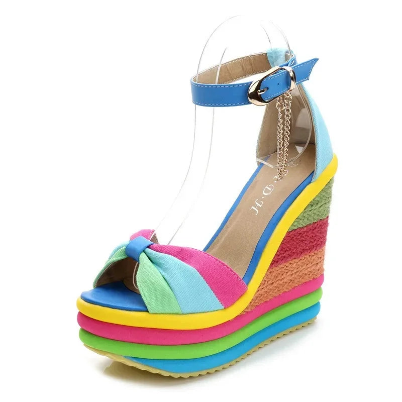 Sandals Women Women's Muffin Wedges High Multicolor Patchwork Sandals Colorful  Roman Shoes Sandals High Heels Espadrilles