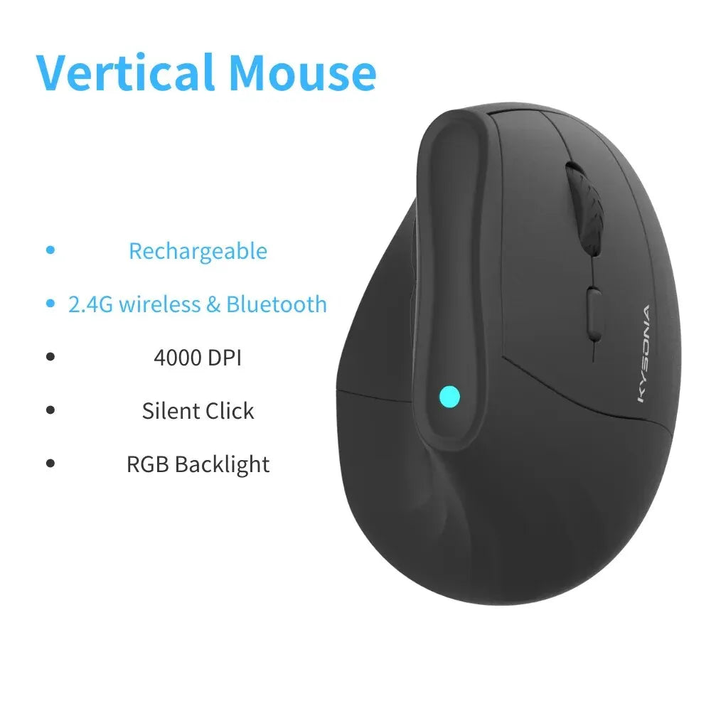 Kysona Vertical Mouse Wireless Bluetooth Ergonomic RGB Rechargeable 4000DPI 6 Mute Buttons for Tablet Laptops Computer PC Mice