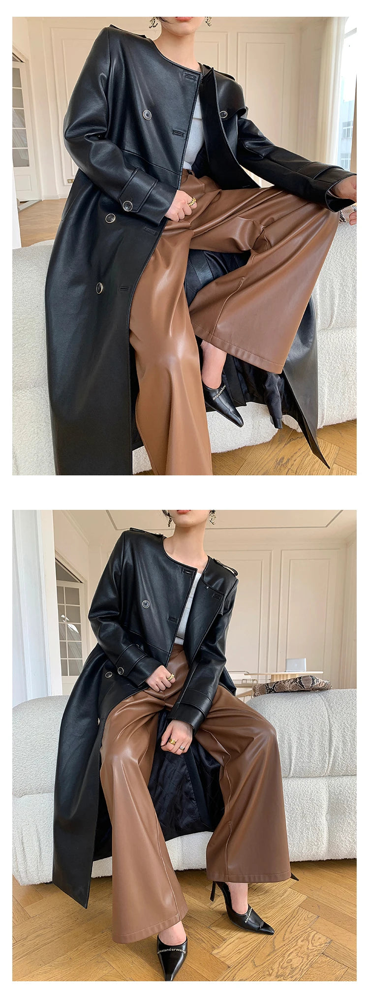 Lautaro Spring Autumn Loose Casual Soft Black Burgundy Pu Leather Wide Leg Pants for Women High Waist Korean Style Fashion 2023