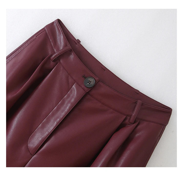 Lautaro Spring Autumn Loose Casual Soft Black Burgundy Pu Leather Wide Leg Pants for Women High Waist Korean Style Fashion 2023