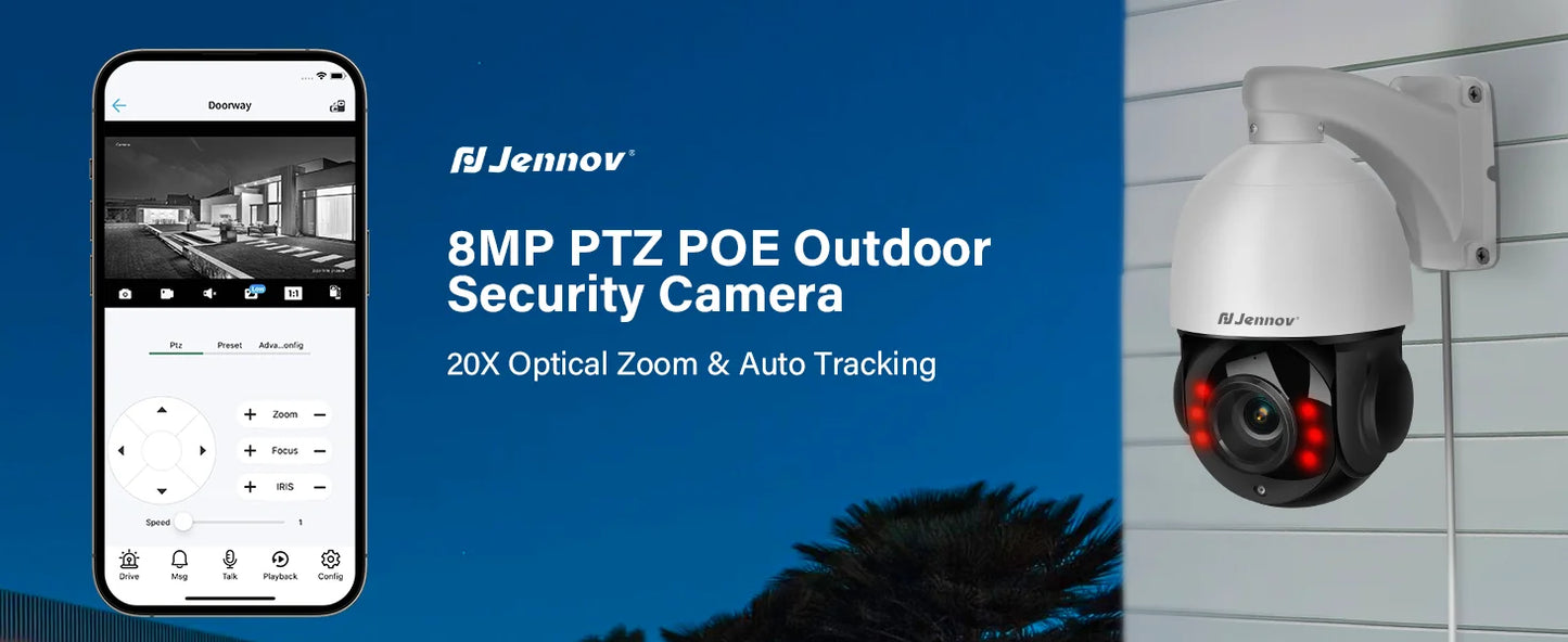 Jennov 4K 8MP 30X Zoom PoE Security Camera PTZ Auto Tracking Outdoor 2-Way Audio