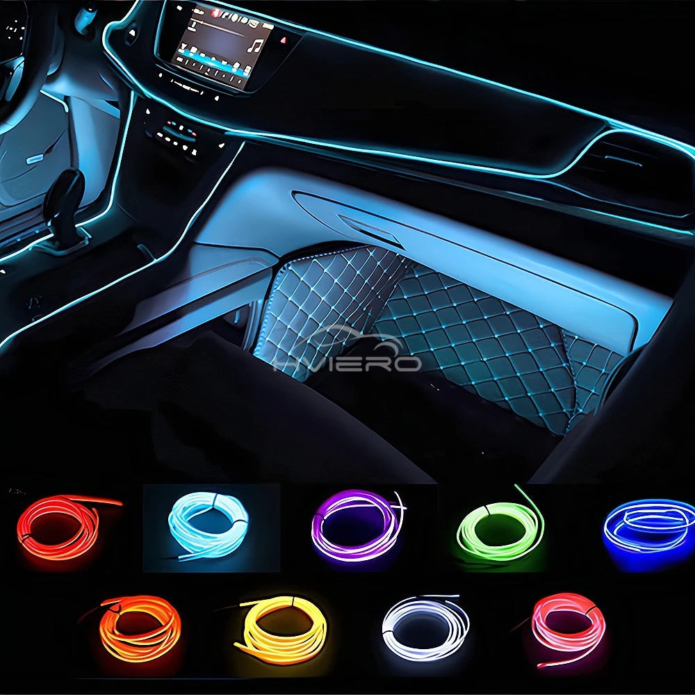 5M Universal Car Interior Lighting white LED Strip Decoration Garl and Wire Rope Tube Line Flexible Neon Lights with USB Drive