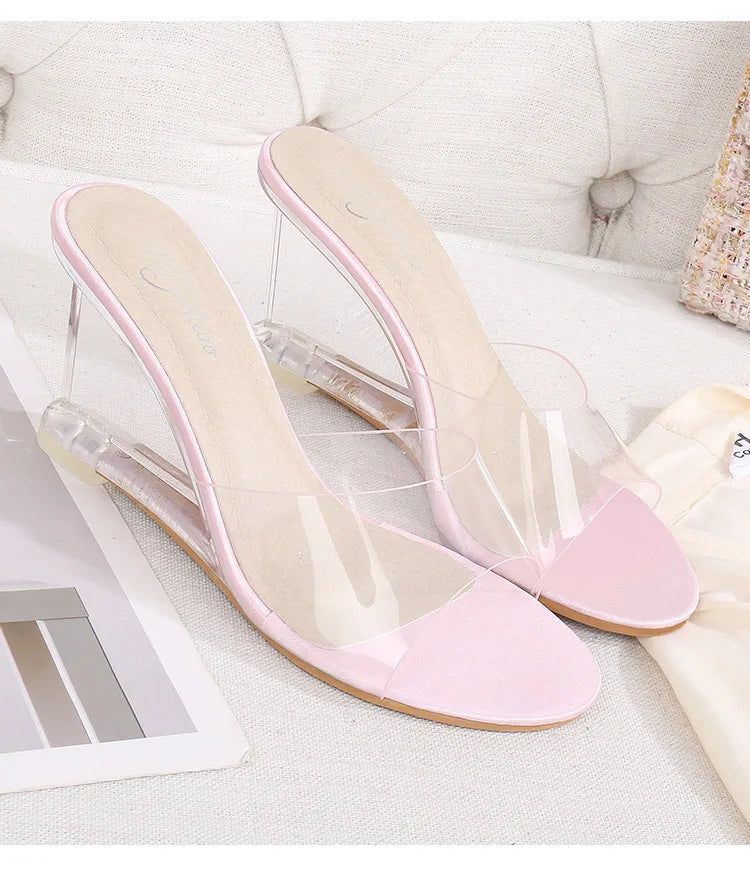 Summer New Women Slippers PVC Jelly Crystal Heel Transparent Women Sexy Clear High Heels Simple Wedge Sandals Pumps Size 34-43