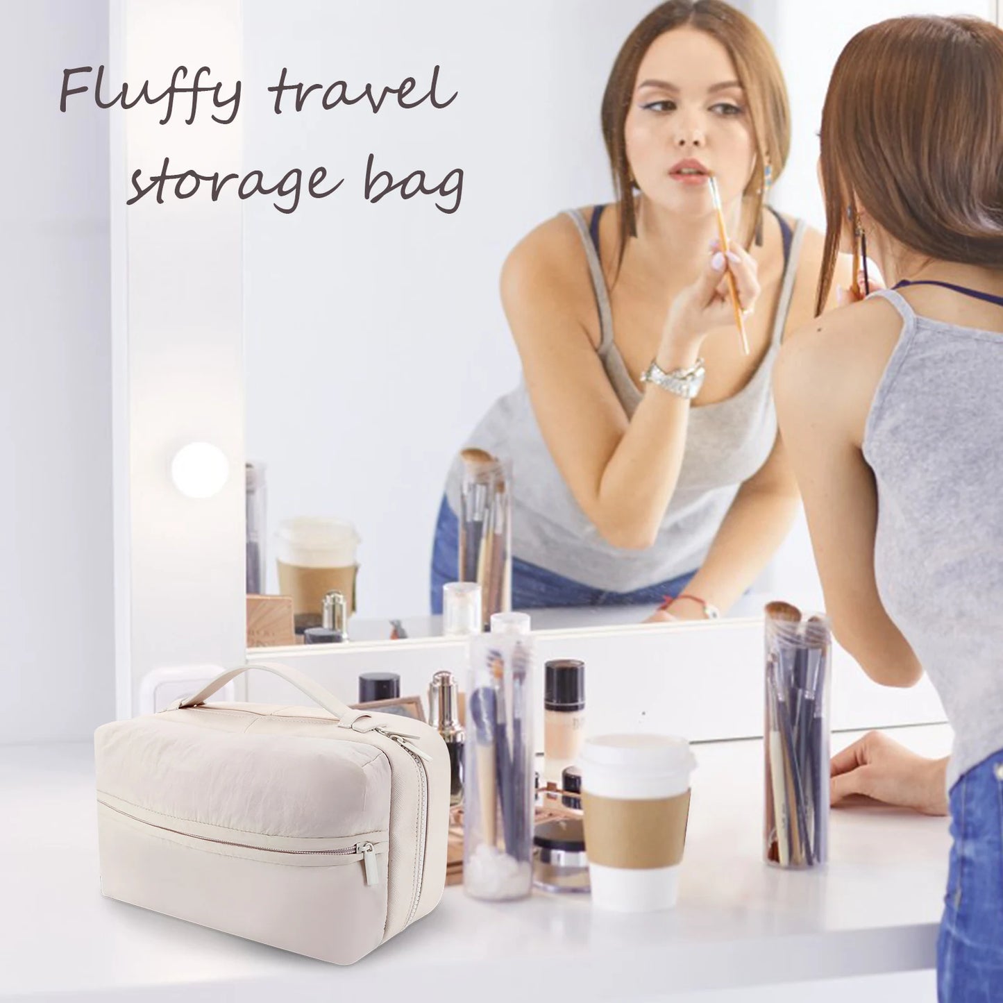 PU Travel Makeup Bag with Handle and Pockets Make Up Organizer Case Fluffy for Toiletries Accessories Brushes