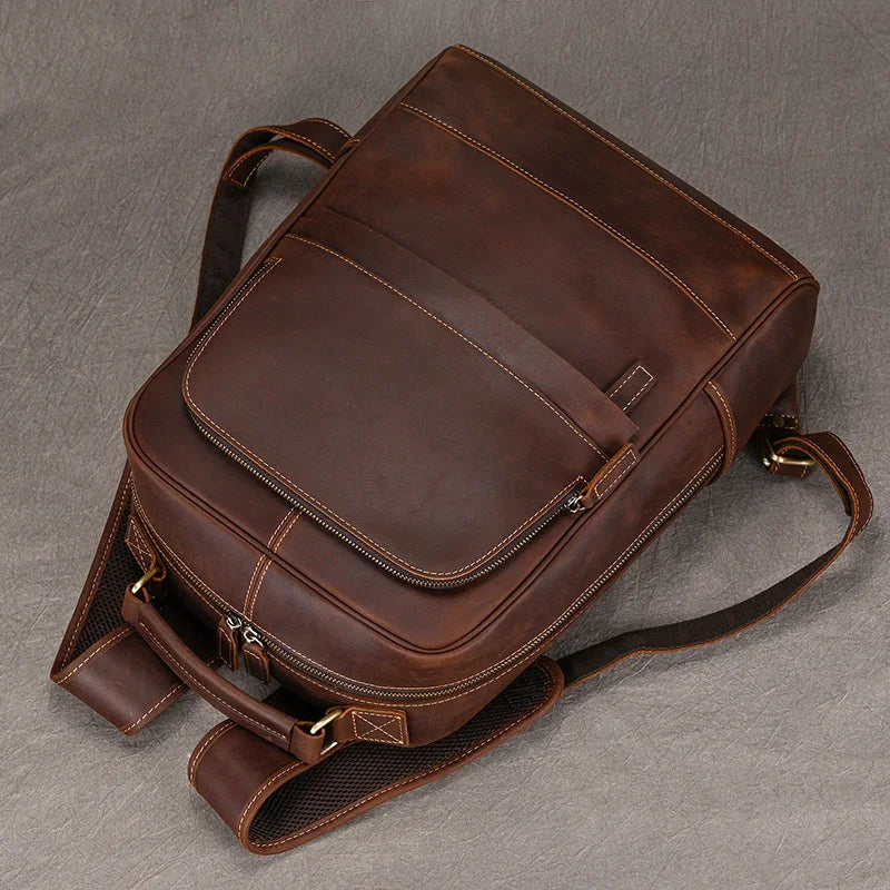 Vintage Men's Crazy Horse Leather Backpack genuine leather Retro Rucksack Large Classic Travel Backpack Big laptop computer bag