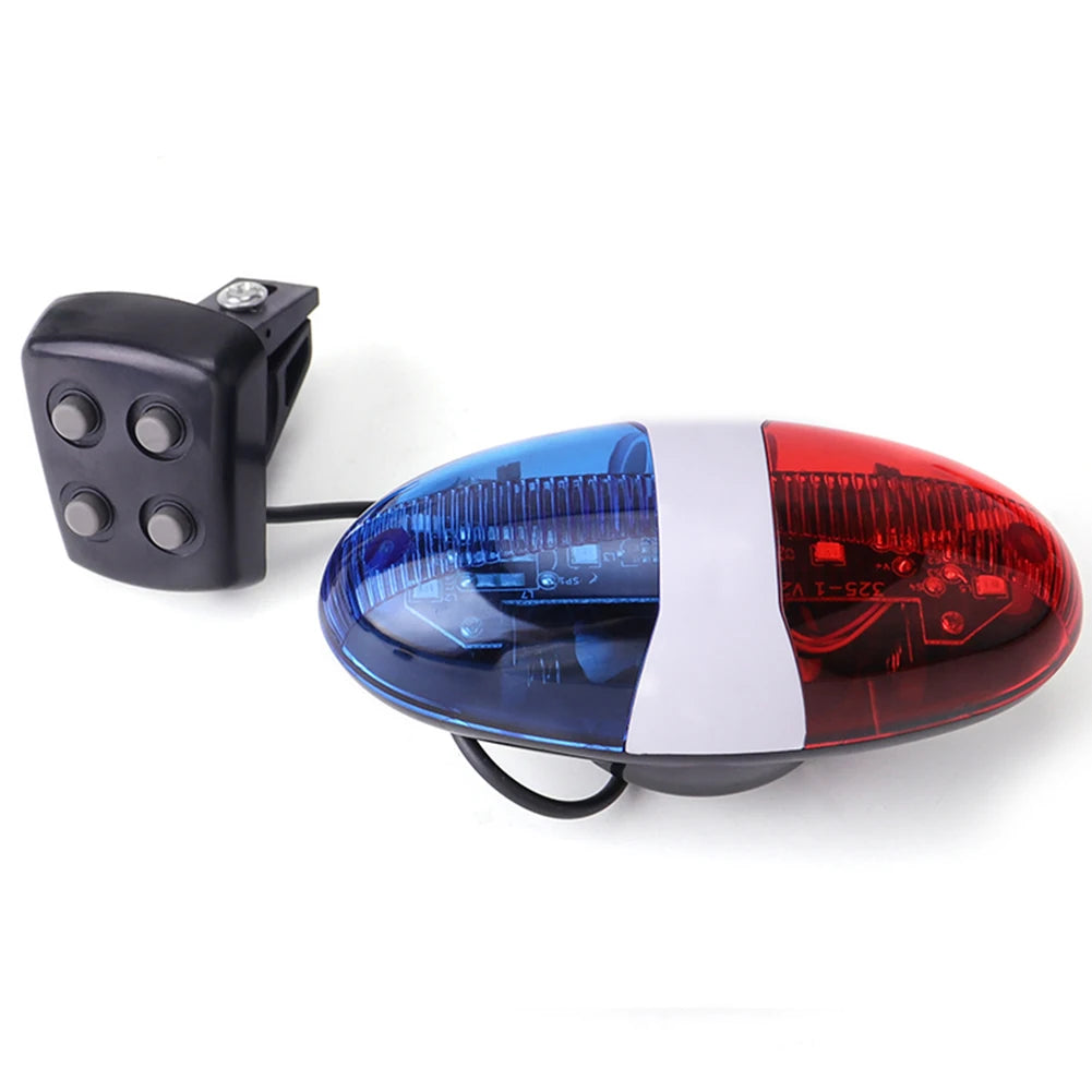 Bicycle Police Siren 4 Sounds Melody Bicycle Power Horn Siren Bell 6-LED Strobe Blue and Red Bicycle Safety Light for Kids Bike