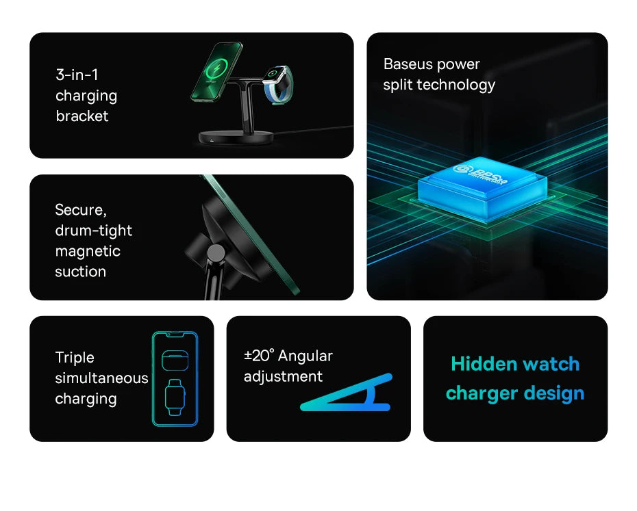 Baseus  3 in 1 20W Magnetic Wireless Charger Stand For Phone iPhone 15 14 Pro Airpods Apple Watch  Fast Charging Station Holder