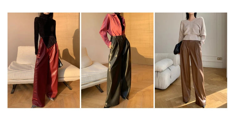 Lautaro Spring Autumn Loose Casual Soft Black Burgundy Pu Leather Wide Leg Pants for Women High Waist Korean Style Fashion 2023