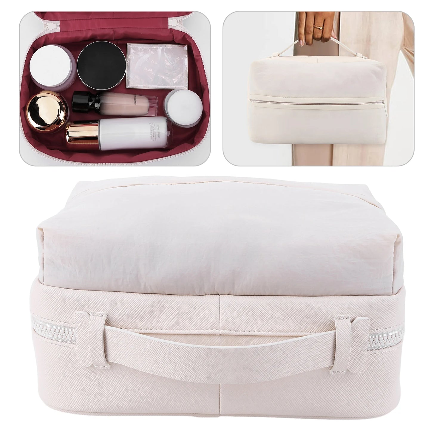 PU Travel Makeup Bag with Handle and Pockets Make Up Organizer Case Fluffy for Toiletries Accessories Brushes