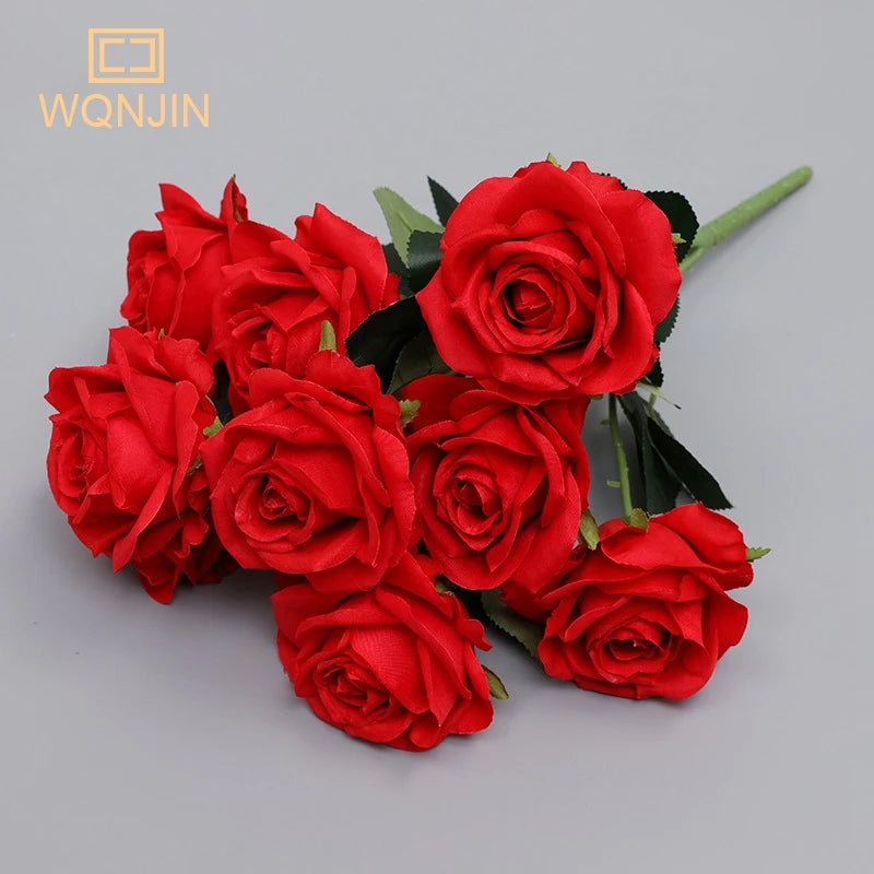 WQNJIN Red Yellow Simulation Rose Bouquet Wedding Flowers 10 Heads Fake Roses Artificial Flower Silk Flowers Home Decoration