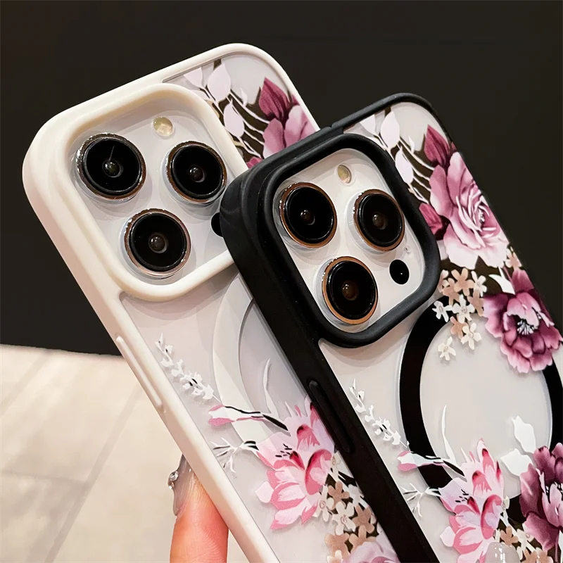 Luxury Flower Pattern Magnetic For Magsafe Candy Frame Case For iPhone 16 15 14 13 12 11 Pro Max Pro Max Wireless Charge Cover