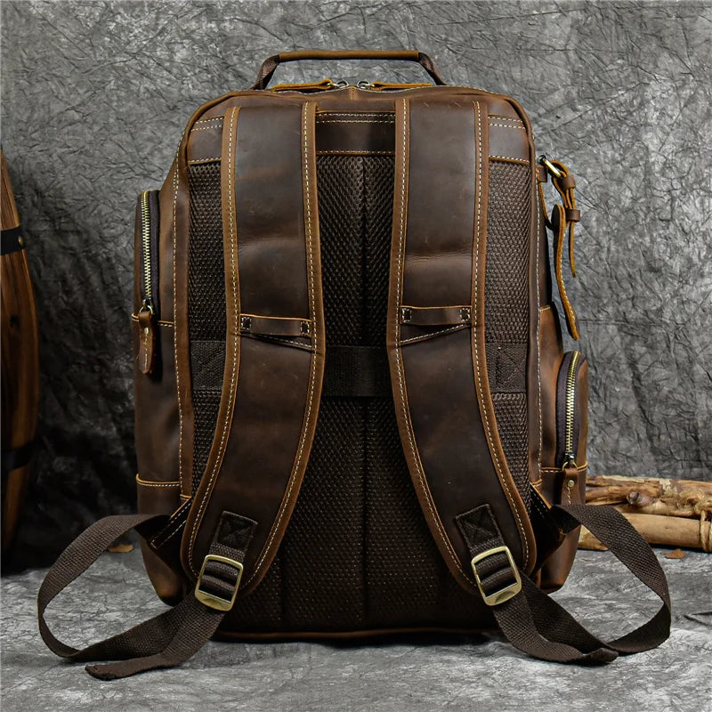 Vintage Men's Crazy Horse Leather Backpack genuine leather Retro Rucksack Large Classic Travel Backpack Big laptop computer bag