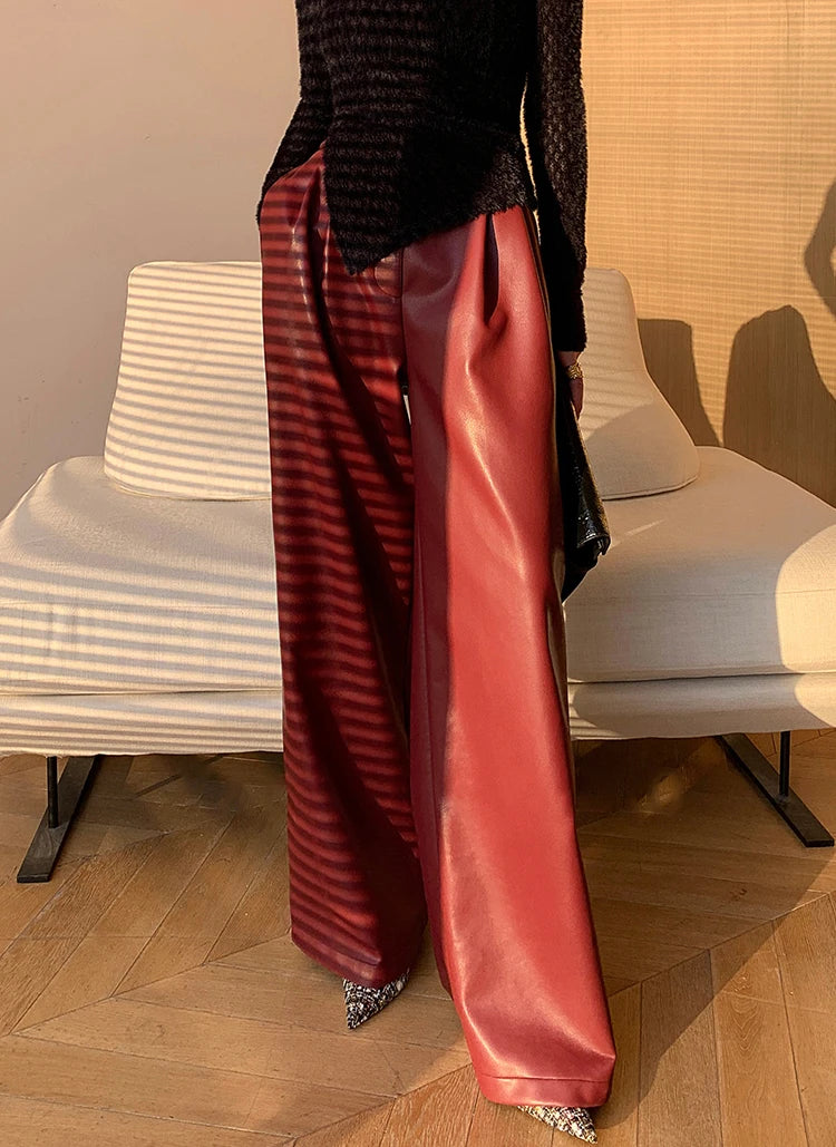 Lautaro Spring Autumn Loose Casual Soft Black Burgundy Pu Leather Wide Leg Pants for Women High Waist Korean Style Fashion 2023