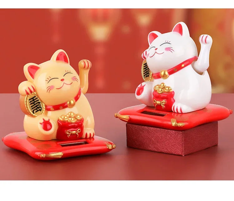 Solar Powered Maneki Neko Lucky Cat Welcoming Chinese Lucky Cat Waving Hand Beckoning Fortune Cat Figurines For Home Decor