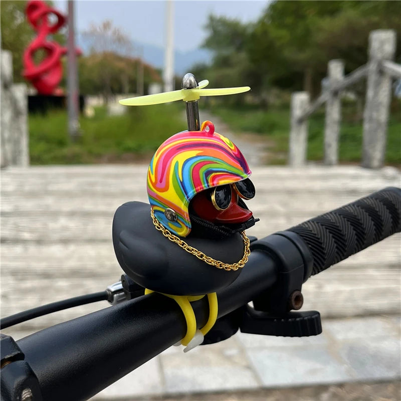 Car Ornaments Bicycle Horns Squeeze Black Duck with Straps Helmet, Silicone Elasticity Belt Bike Bell for Kids Sport Outdoor