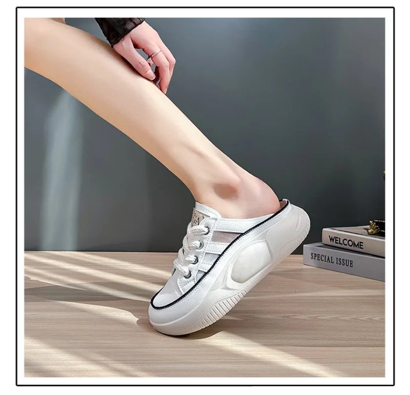 Retro Casual Beach Shoes for Women Summer Half Slippers Baotou Hollow Lace Up Platform Sandals Ladies Outdoor Pu Slipper